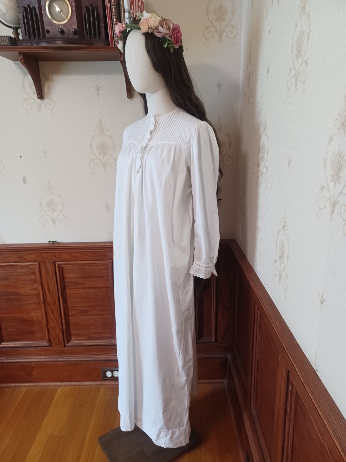 Antique Victorian/Edwardian Cotton Nightgown w/ Pintucks + White-on-White Lace