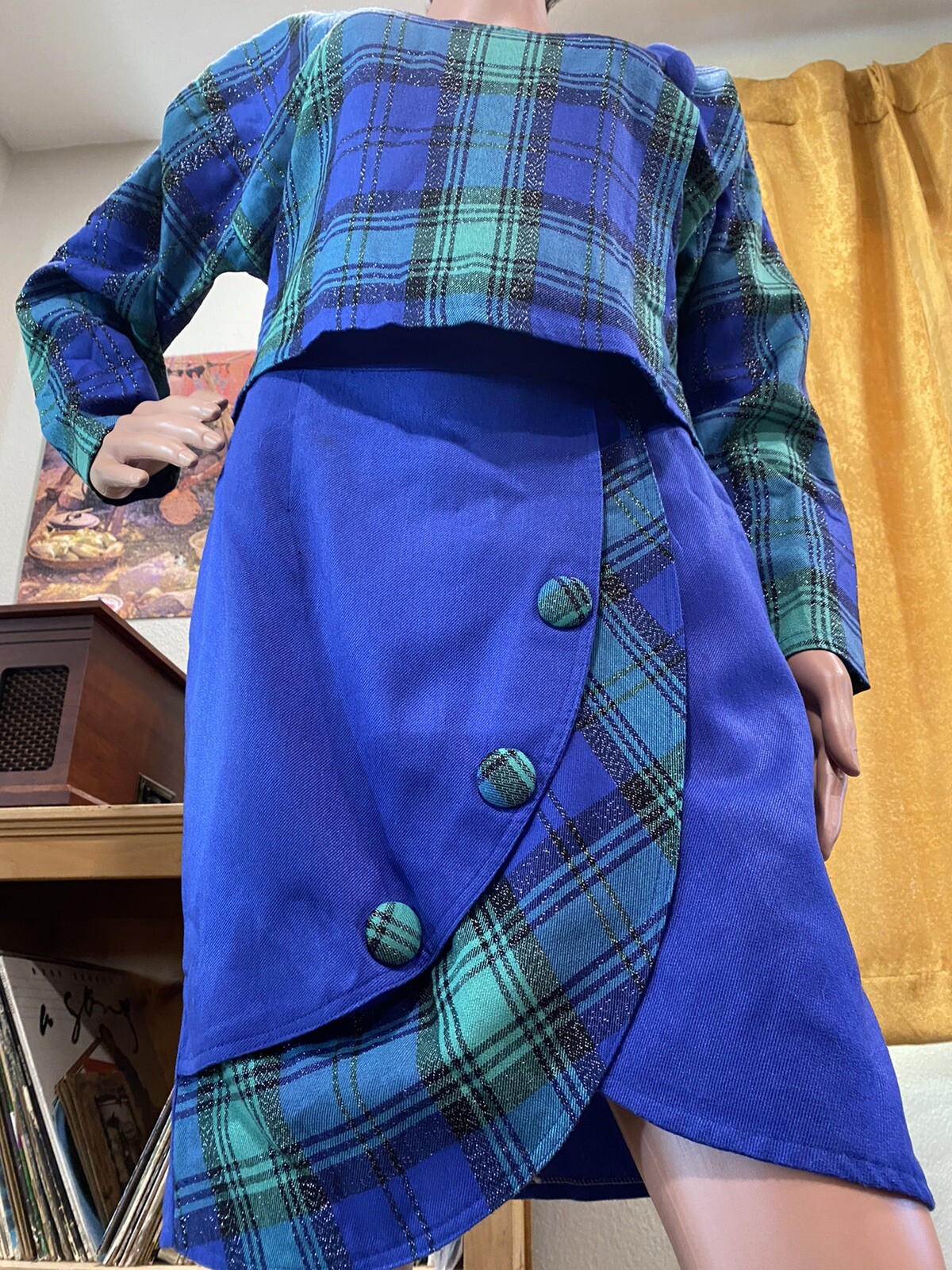 80s Fuh Jia 2 pc Tartan Skirt Set Blue Green Assymetrical Aka Fu Chia