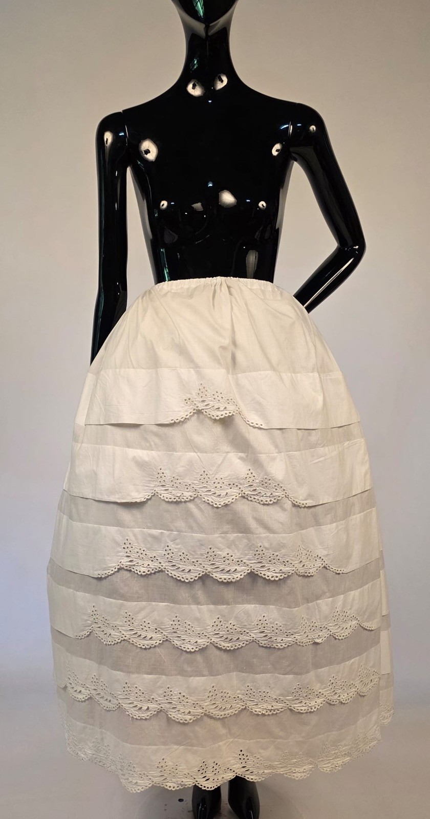 CIVIL WAR 1860’S WHITE PETTICOAT W PLEATING + EYELET EMBROIDERY + PENNED ID