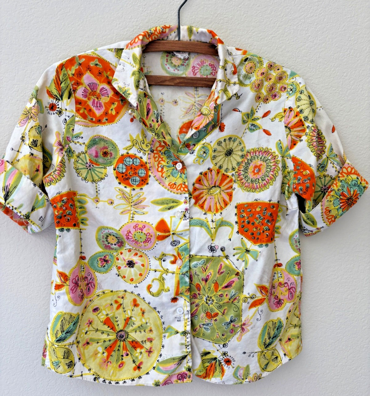 Vintage 50s 60s Cotton Novelty Print Blouse Top XS/S Mid Century Rockabilly