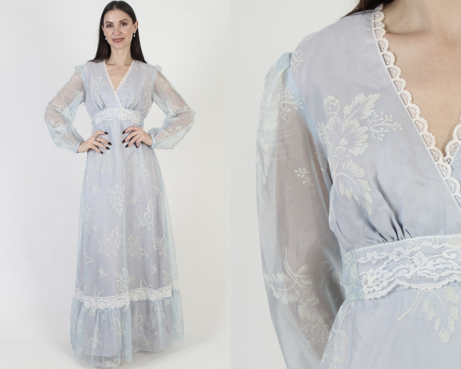 Vintage Blue Floral Dress Floor Length Victorian Boho Wedding High Waist Gown