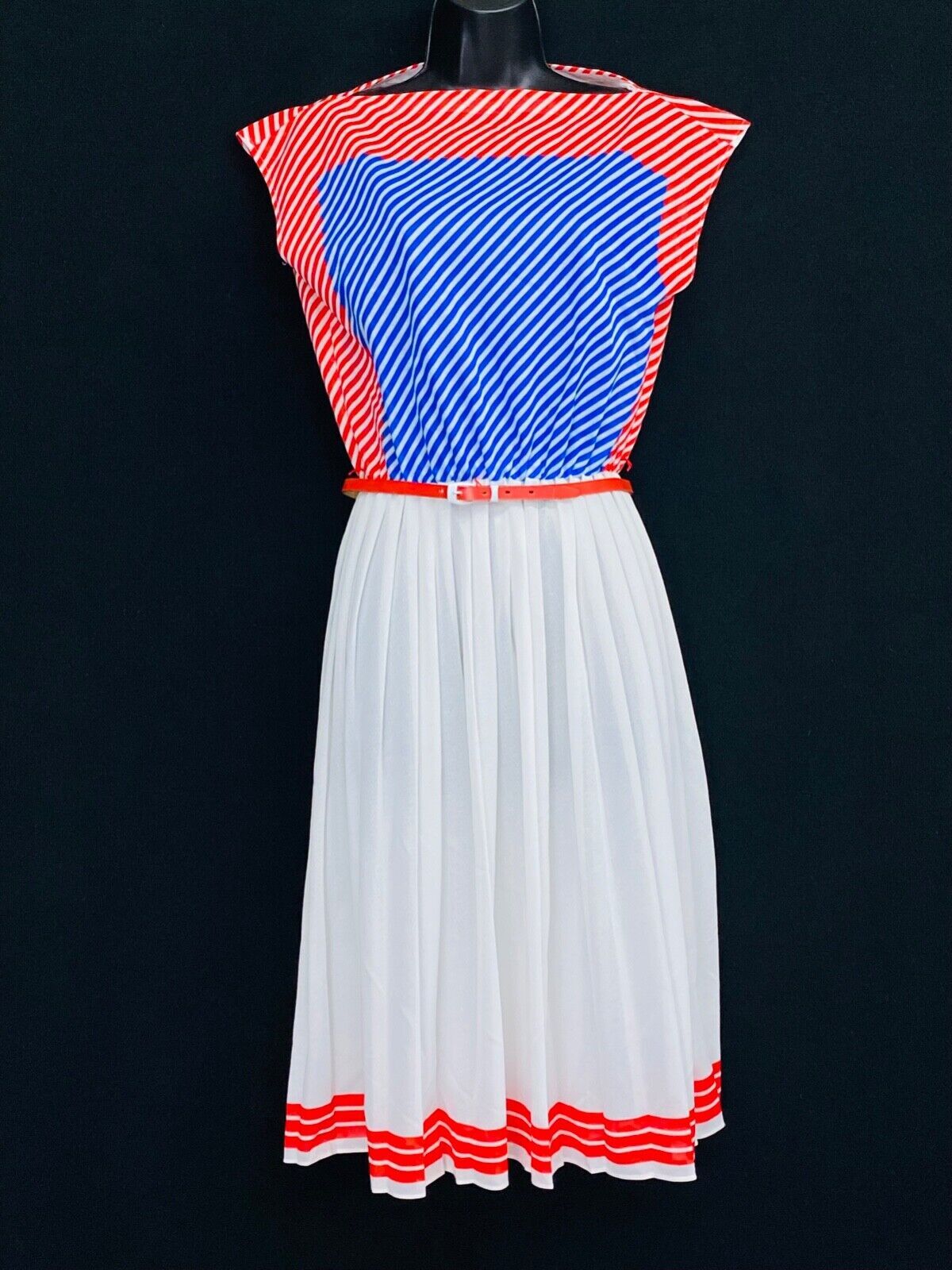 Vintage 1970s red white blue dress, 1940s style stripes deadstock NWOT S M