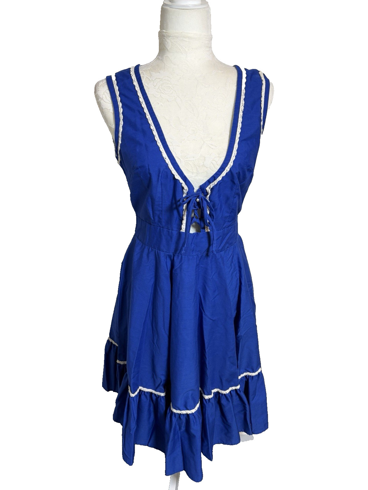 Vtg. 70’s Partner Please Square Dancing Dress~14~Blue Lace up Bodice Rockabilly