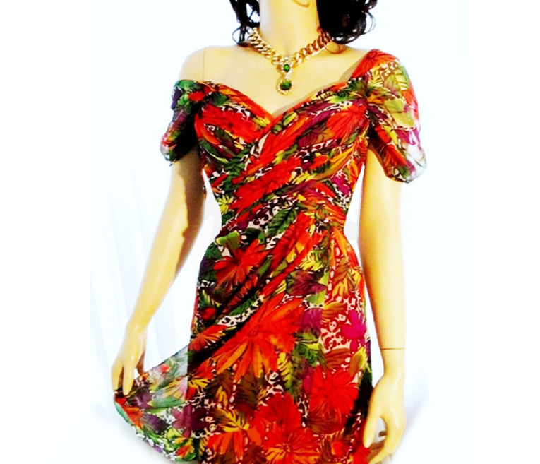 Nancy Johnson Vintage Romantic Designer CORSET Dress Red Chiffon Faux Wrap XS S