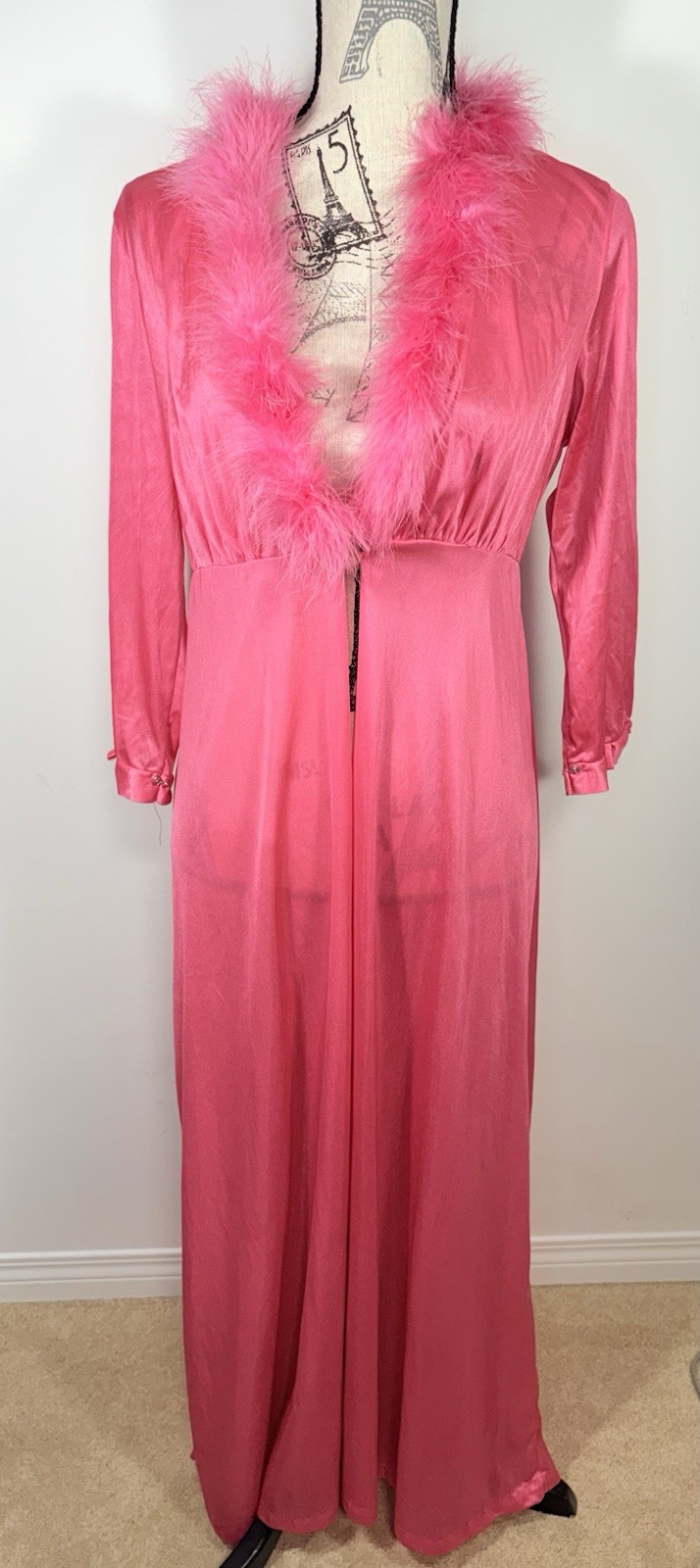 Dorsay Pink Sheer Chiffon Peignoir Robe w Feather Trim Medium vtg 1960’s Mad Men
