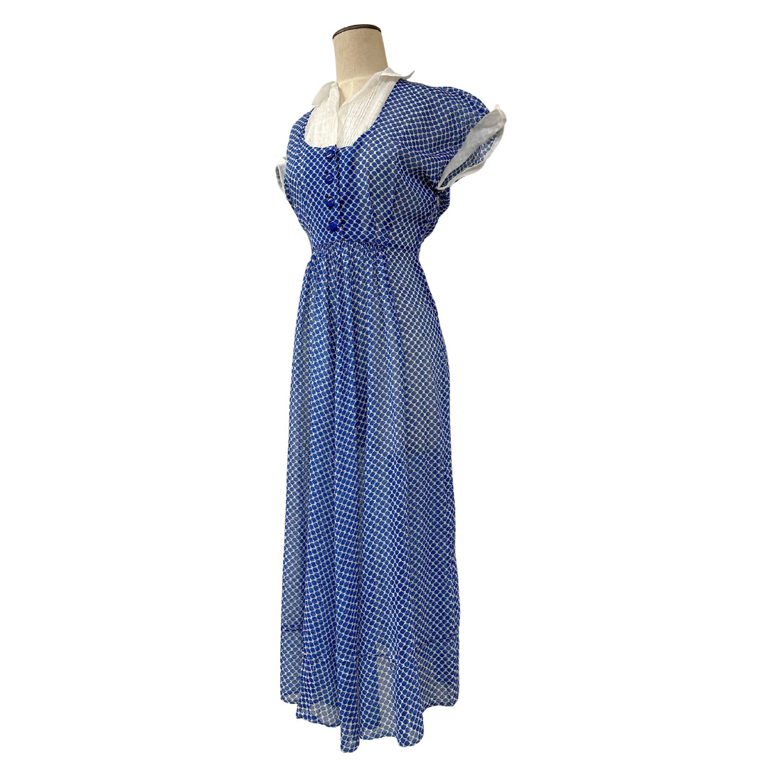 Vintage 1940s Blue & White Printed Semi Sheer A-line Day Dress