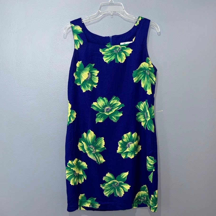 S.L. Fashions KENTUCKY DERBY Shift Dress Blue Green Sleeveless Vintage Boho Chic