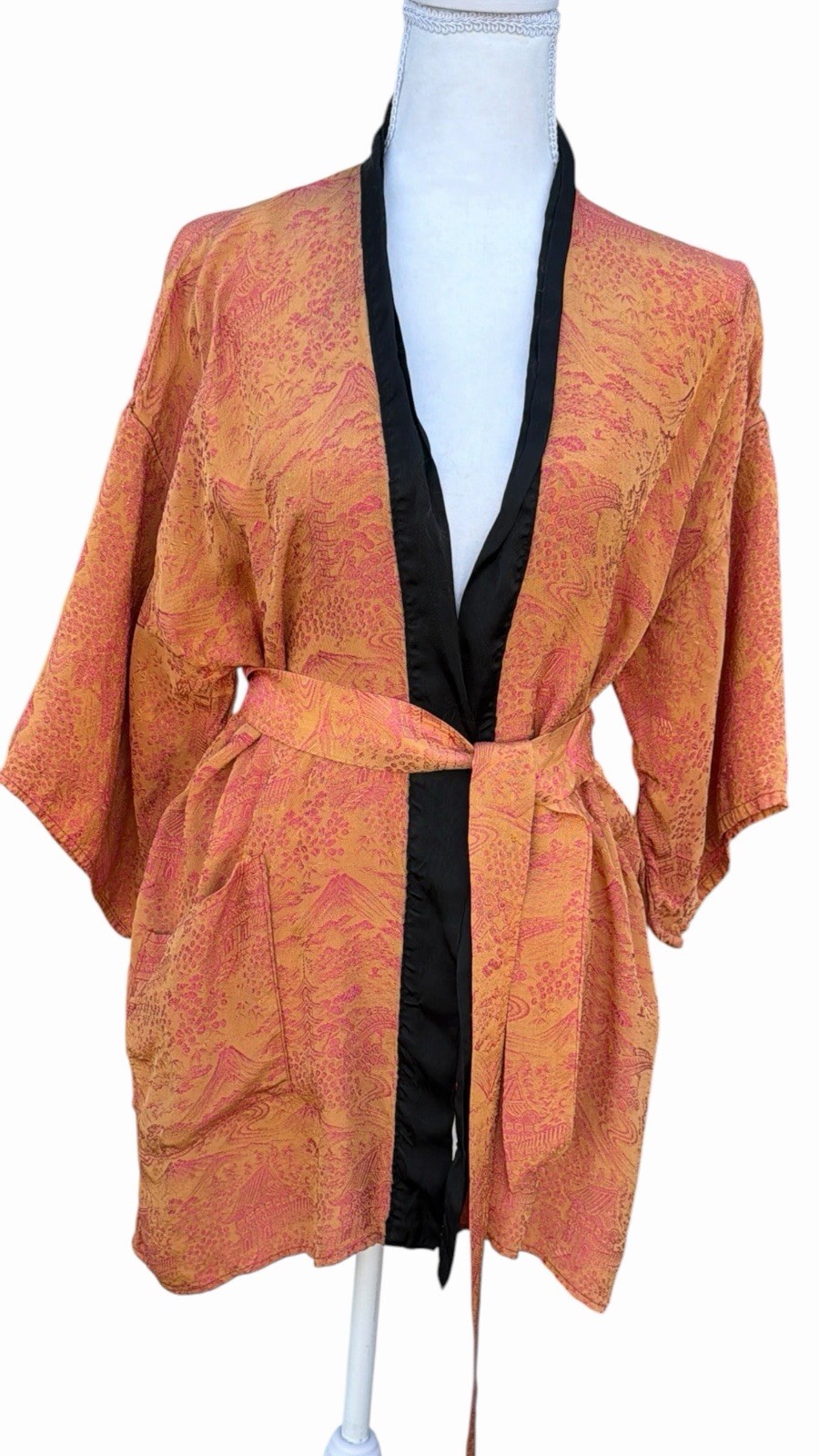 Vintage 50s Kimono Jacket Asian Village Novelty Print Belted Satin Brocade XL-2X