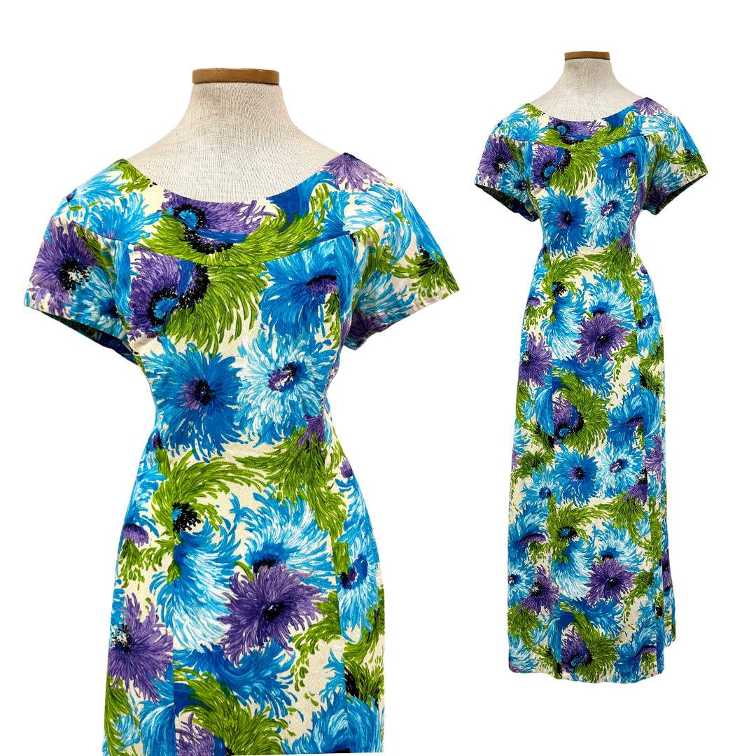 Vtg 60s 1960s Hawaiian Designer Ui-Maikai Spider Lilly Print Resort Wear Maxi