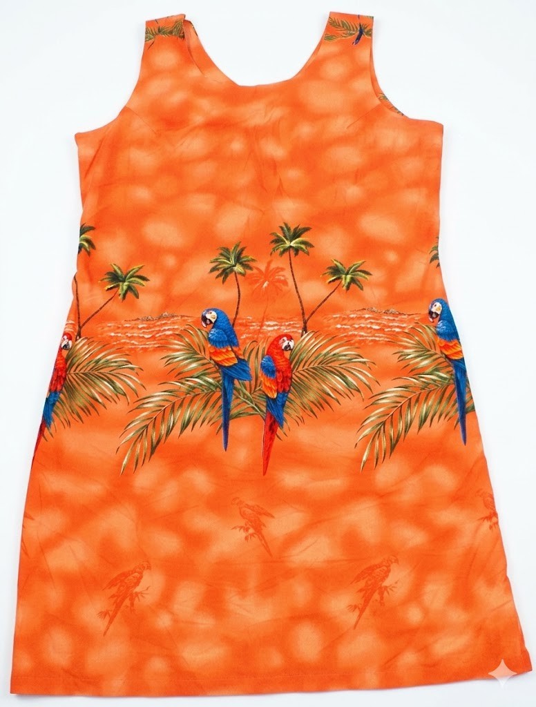 Vintage KY’s Hawaiian Dress Sleeveless Sundress, Orange/Parrots, Size 2XL