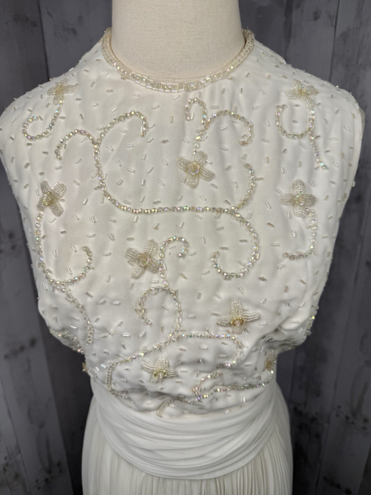 Vintage 1960s DRESS White Jack Bryan Beaded Evening Cocktail Party Gown S/M