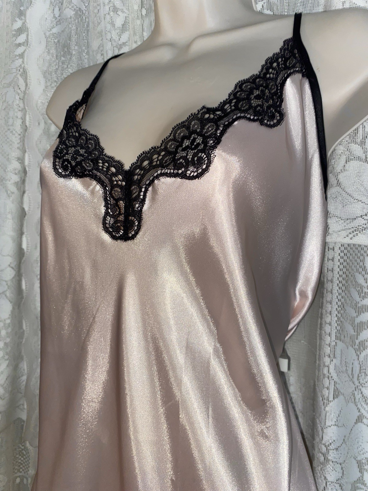 VTG 1X TALL Petra Black Sheer Chiffon Peignoir Robe Pink Nightgown Sexy Back Set