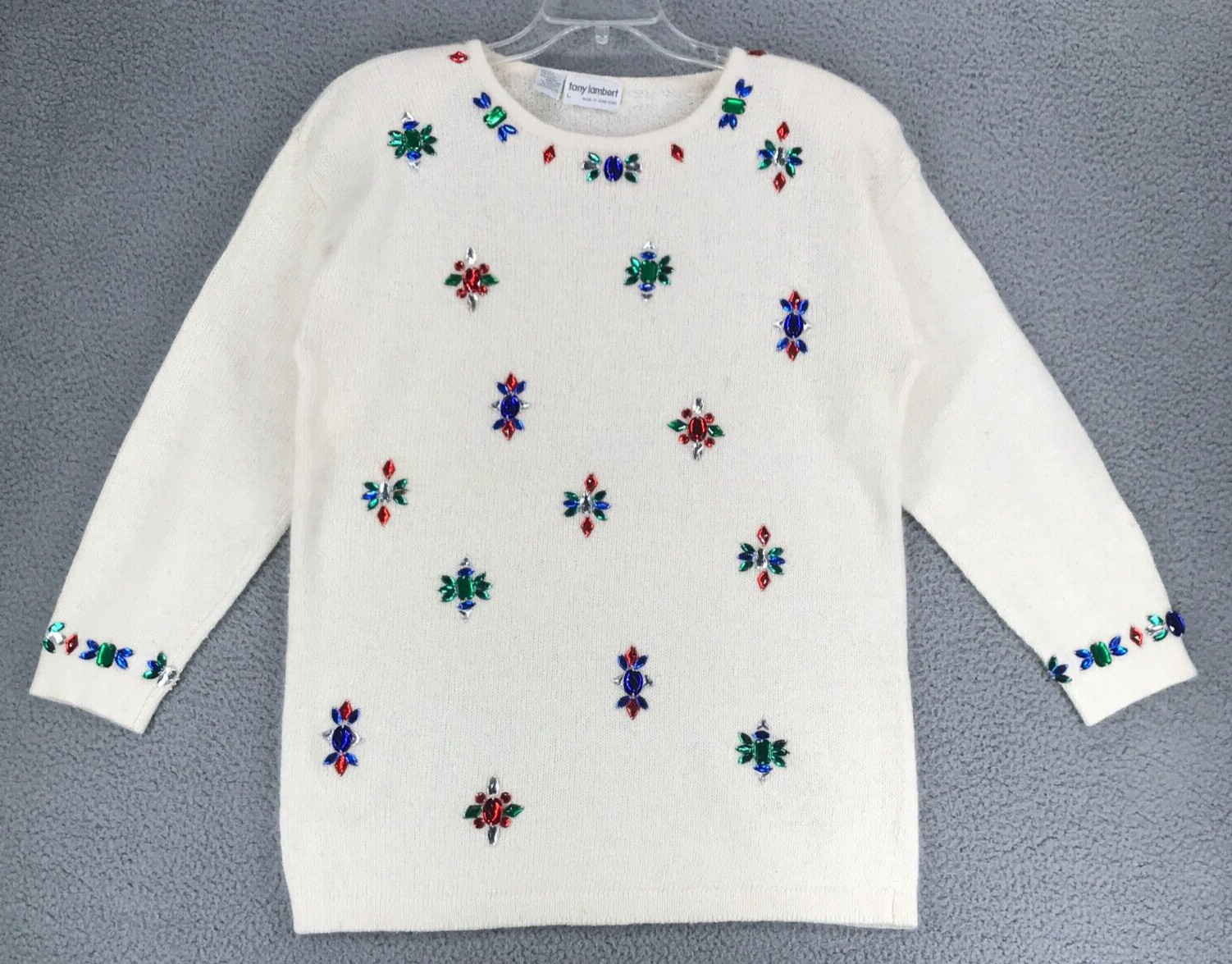 Vintage Tony Lambert Jewel Embellished Tunic Sweater Sz L 3/4 Sleeve Silk Angora