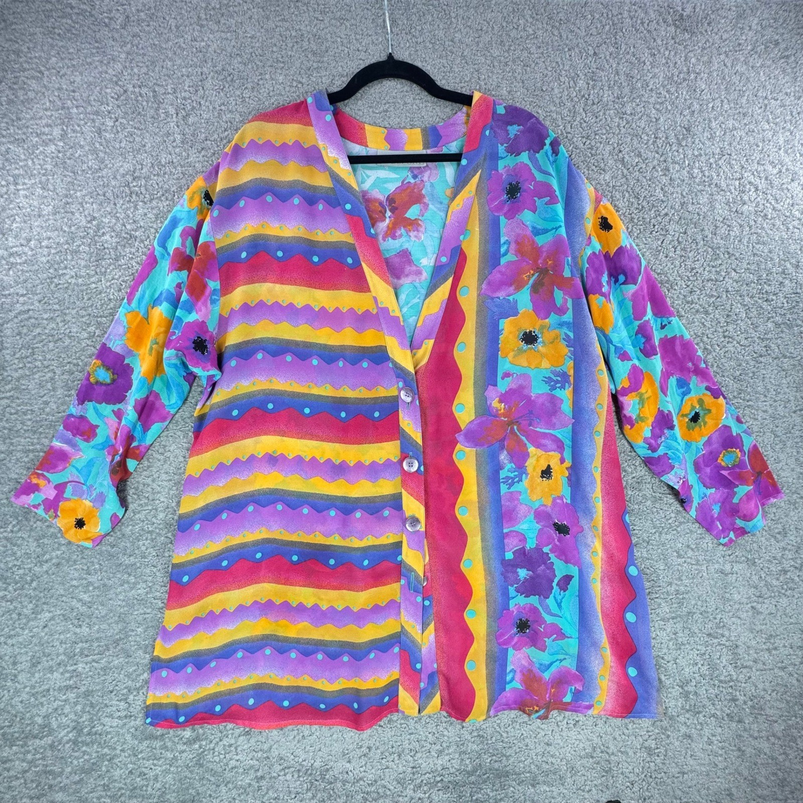 VTG Floral Colorful Button Front Tunic Top Dopamine Artsy Boho XL MISSING Button