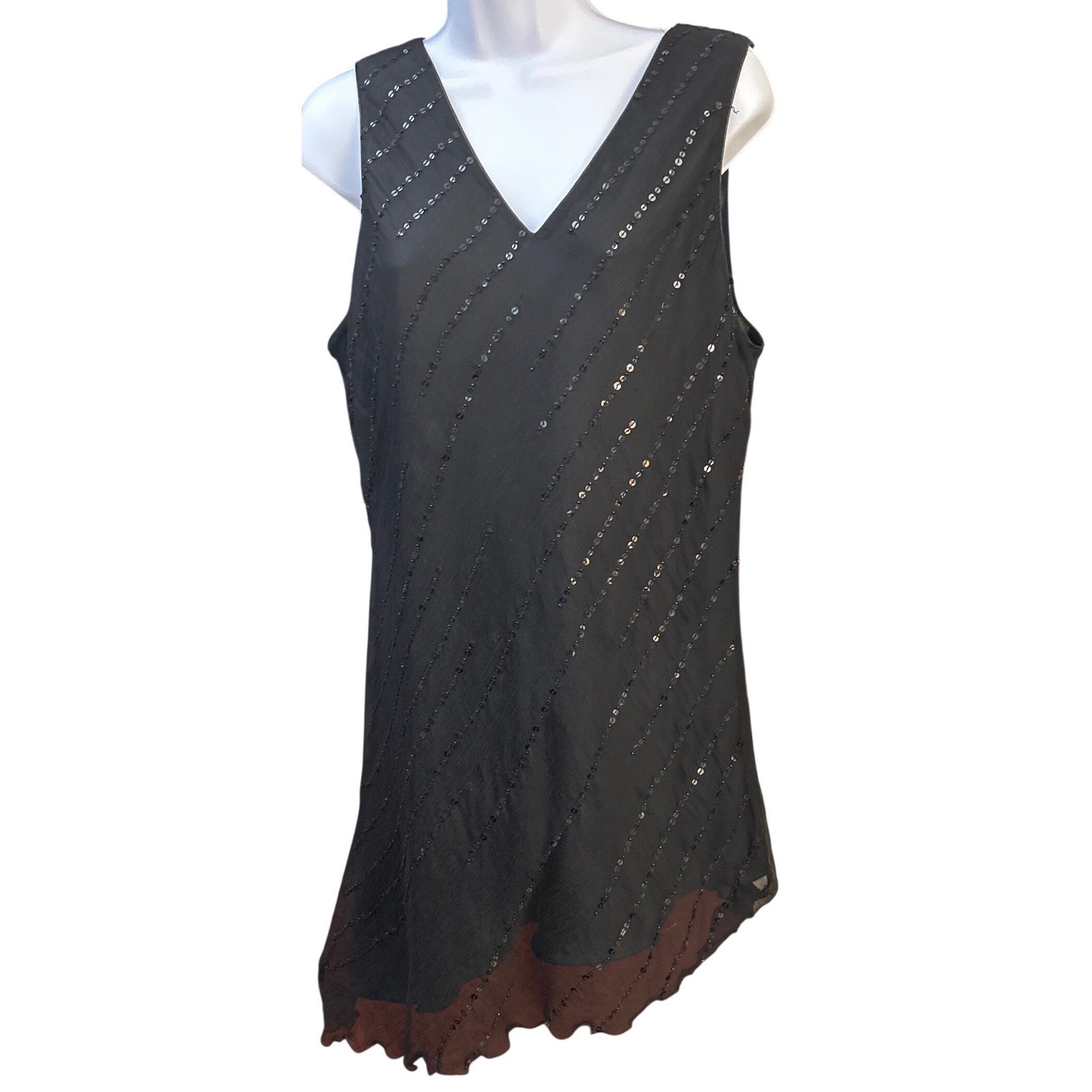 Vintage 90s Spencer Jeremy Silk Sequin Tank Top Whimsigoth Y2K Black V-Neck XL