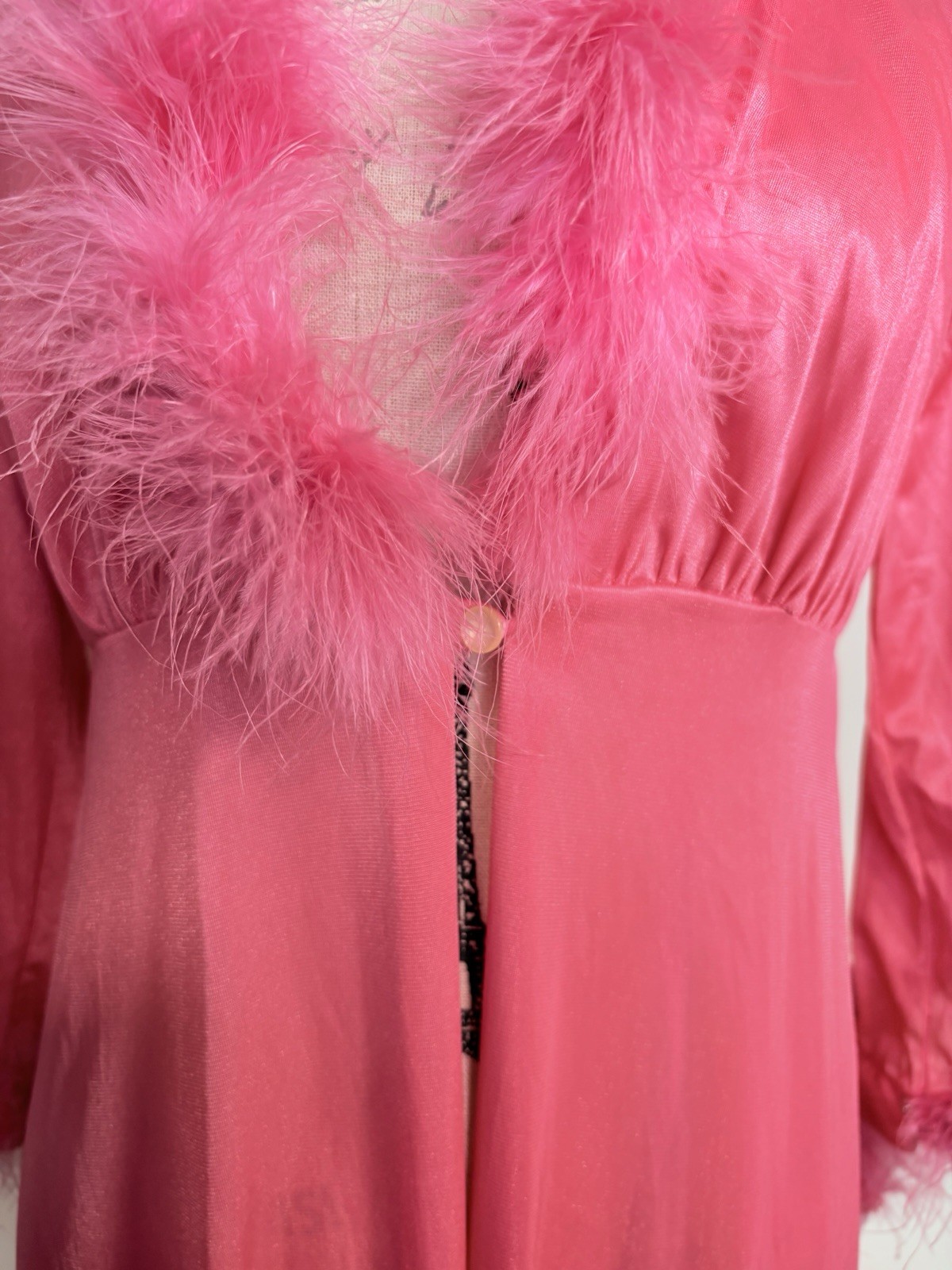 Dorsay Pink Sheer Chiffon Peignoir Robe w Feather Trim Medium vtg 1960’s Mad Men