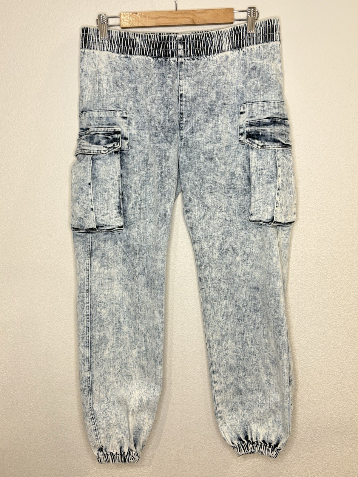 Vintage 1990s Norma Kamali Acid Wash Denim Jogger Style Cargo Pants Sz M 32×28