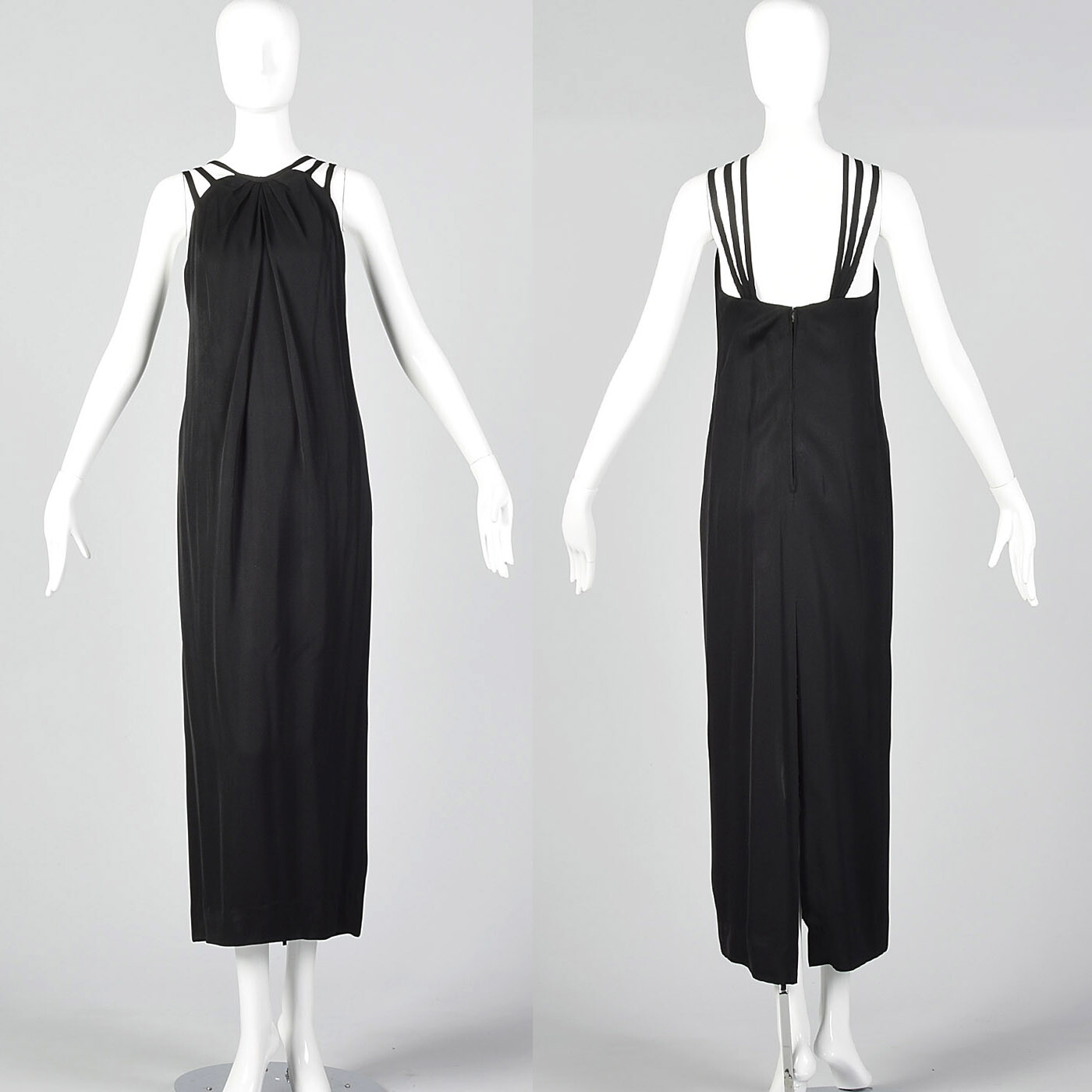 XXS 1960s Ceil Chapman Evening Dress Designer Black Sleeveless Column Gown LBD