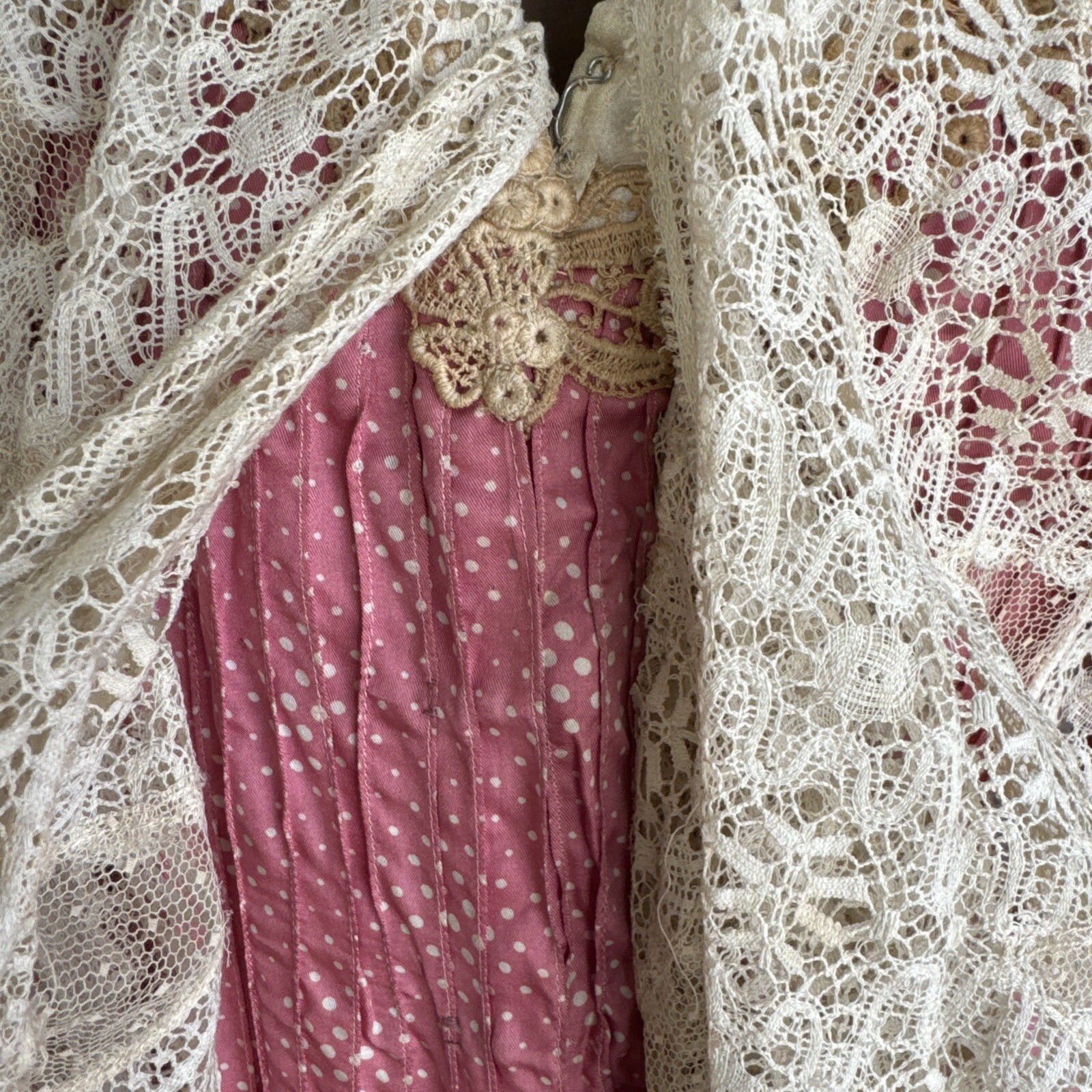 Antique Victorian Pink Silk Dot Print Dress Side Bustle Gown Lace 1880s Vintage
