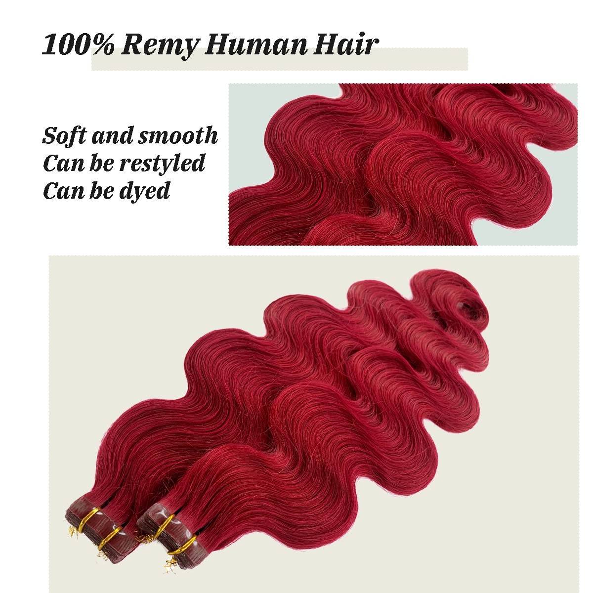 Burgundy Body Wave Tape-in Human Hair Extensions 22″ Remy 20pc
