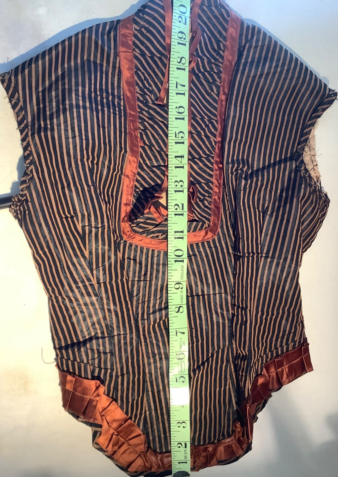 Victorian bodice Silk bustle 1880s corset Top sleeveless Stripe black Copper XXS