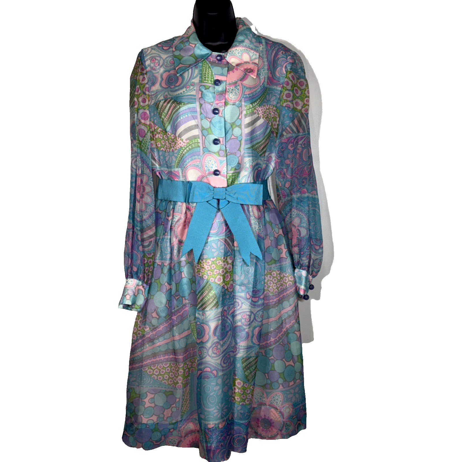 Nardiello Rona 14 shirt Dress Vtg 1960s 70s Colorful Floral Mod Silk midi blue