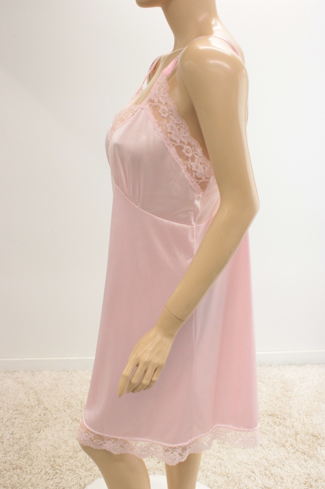 Vtg Full Slip Pink Nylon size 42 Lace Trim Super Soft Fabric Pinup Secretary Coq