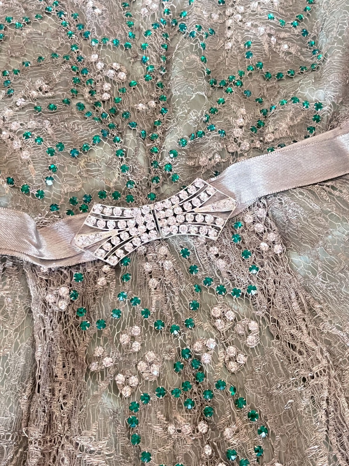 Antique 1920s Flapper Lace Dress Emerald Rhinestone Beaded Net Lace Slip AS IS