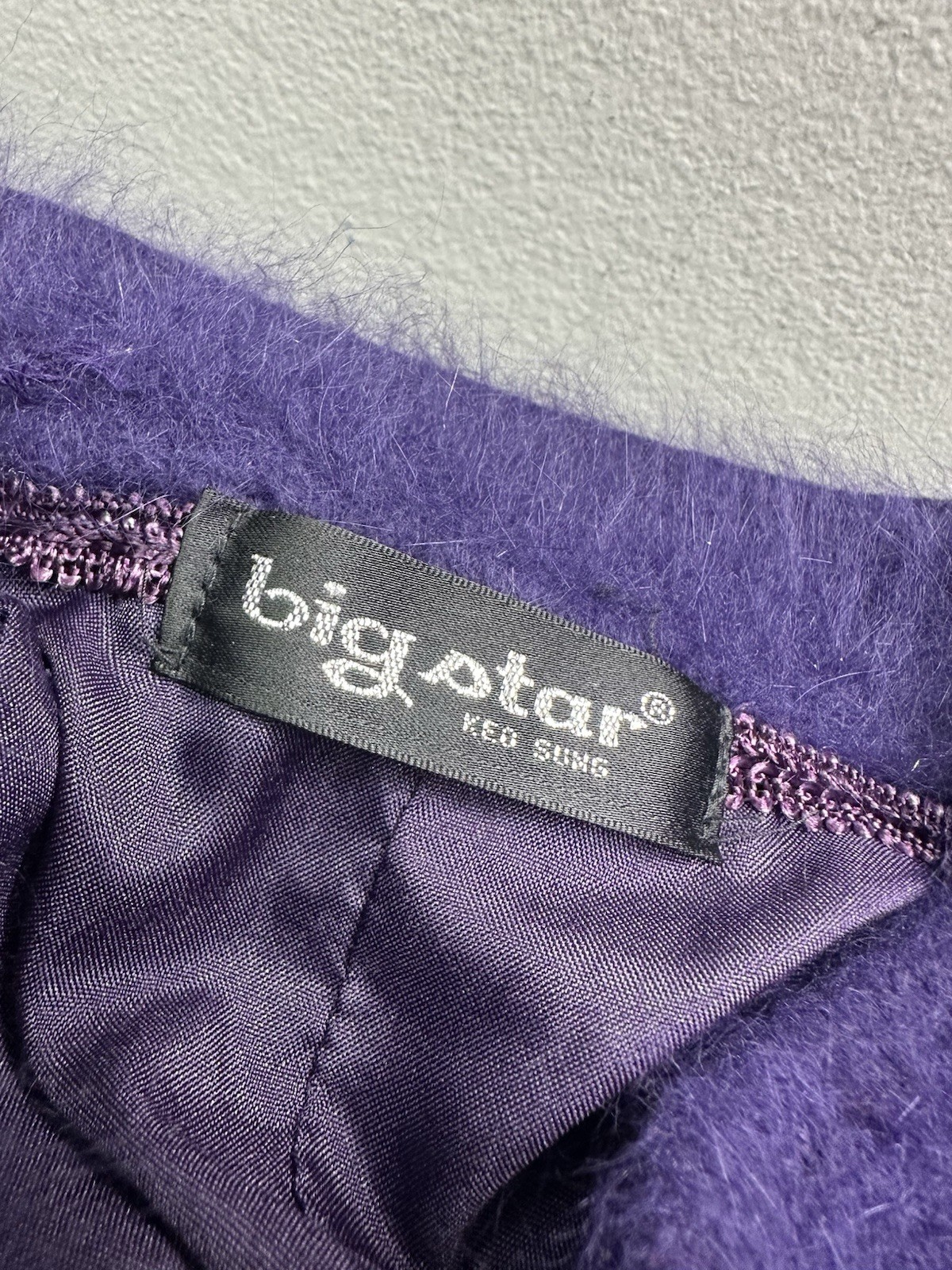 Vintage BIG STAR Keo Sung Fuzzy Cardigan Sweater Gray Angora PURPLE Sz L/XL