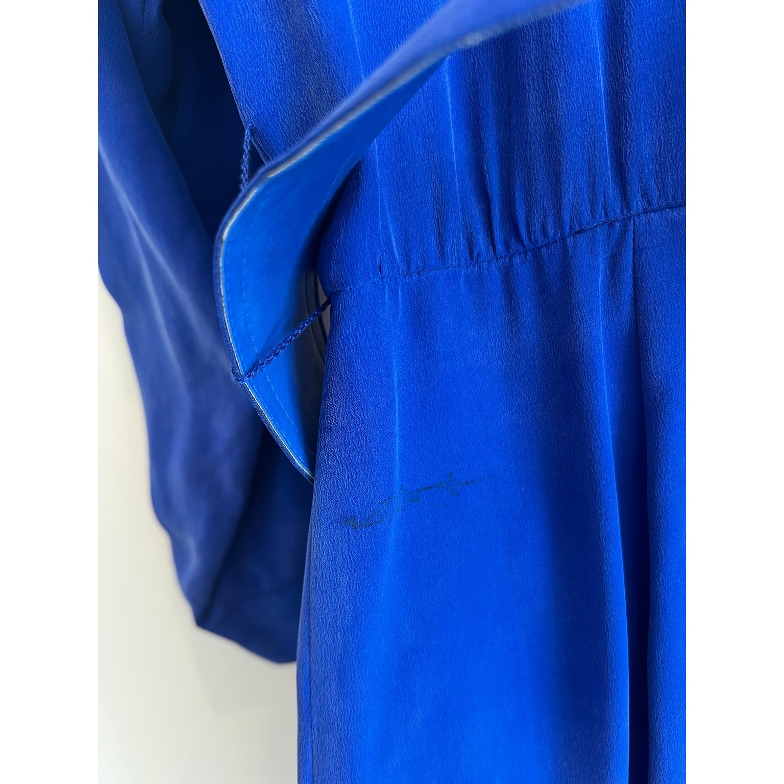 Vintage Maggy London 100% Silk Midi Dress Women 14 Royal Blue Belted Long Sleeve