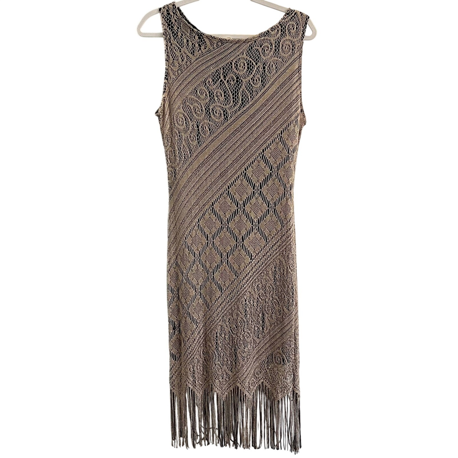 90’s Vintage M Studio Taupe & Black Crochet Fringe Fitted Dress Women’s Sz Sm