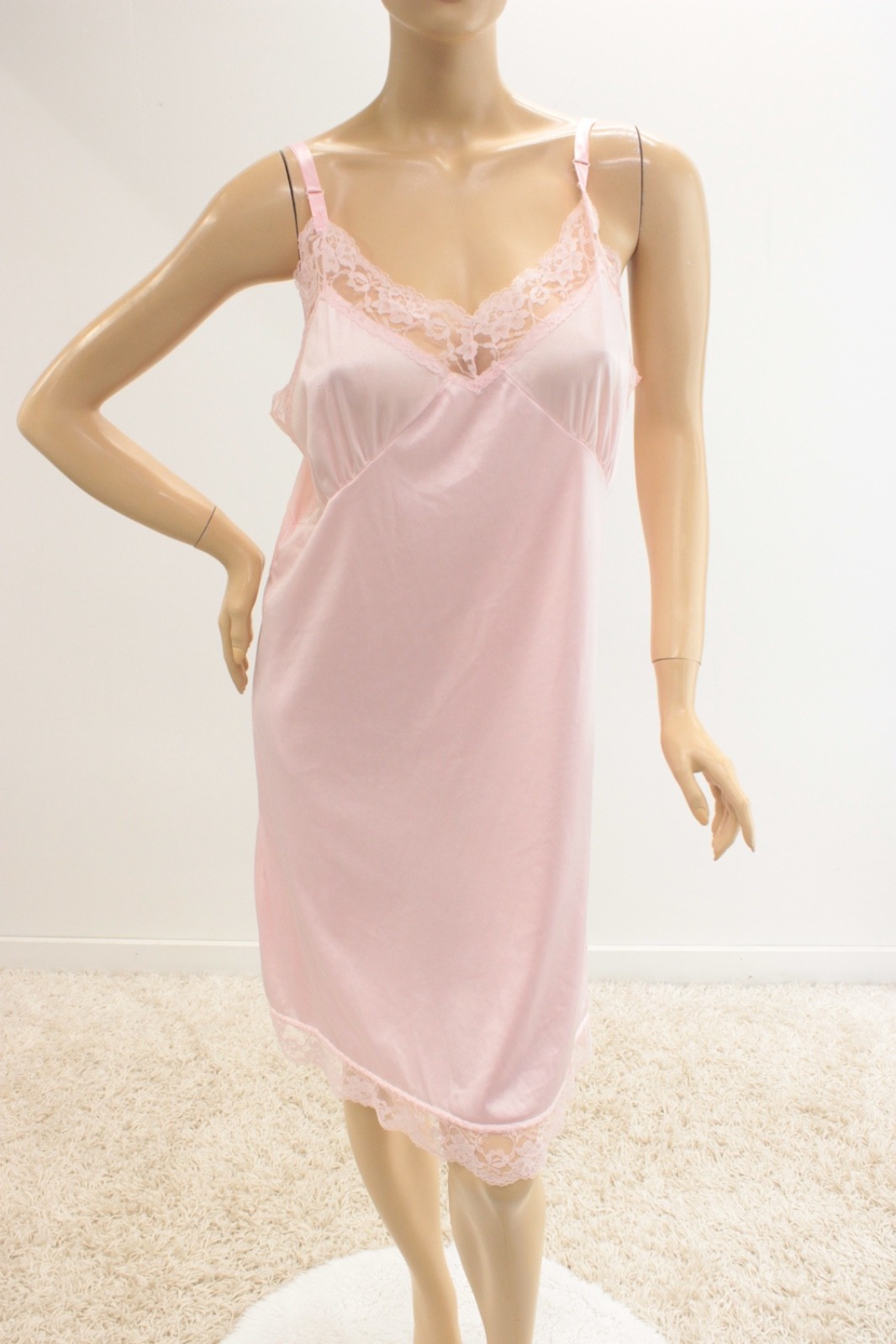 Vtg Full Slip Pink Nylon size 42 Lace Trim Super Soft Fabric Pinup Secretary Coq