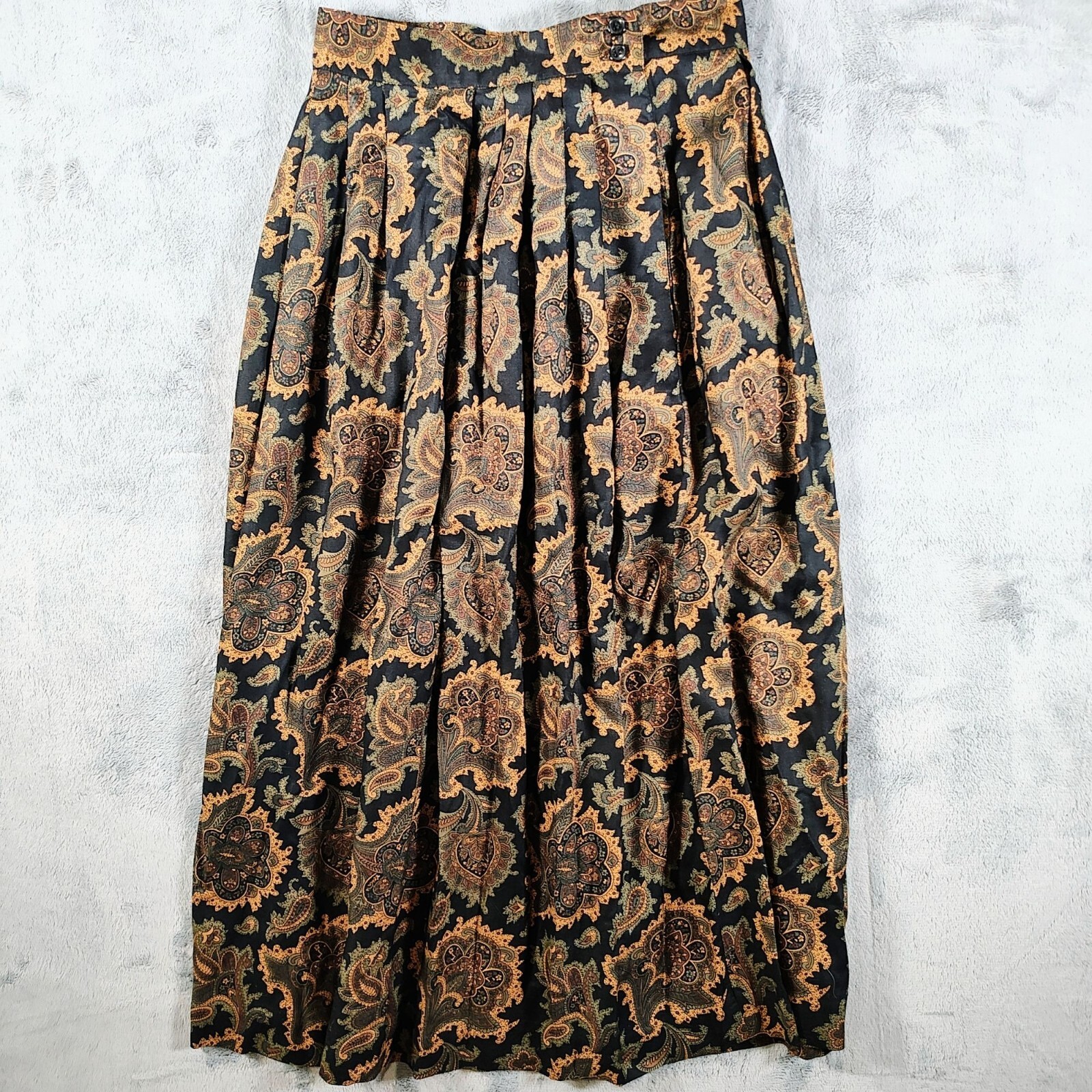 Vintage 1990s Jones Wear Petite Pleated Paisley Print Rayon Midi Skirt (Size 6)