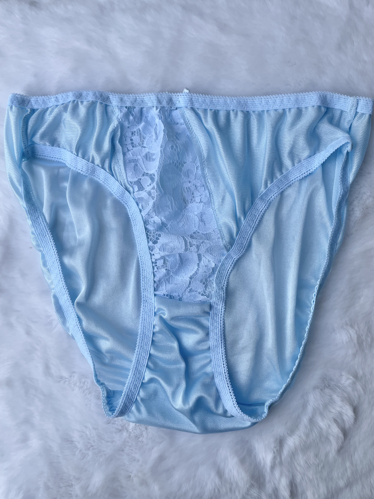 Vintage Baby Blue Nylon Panties Sheer Floral Lace Bikini Slippery Briefs SZ.7-8