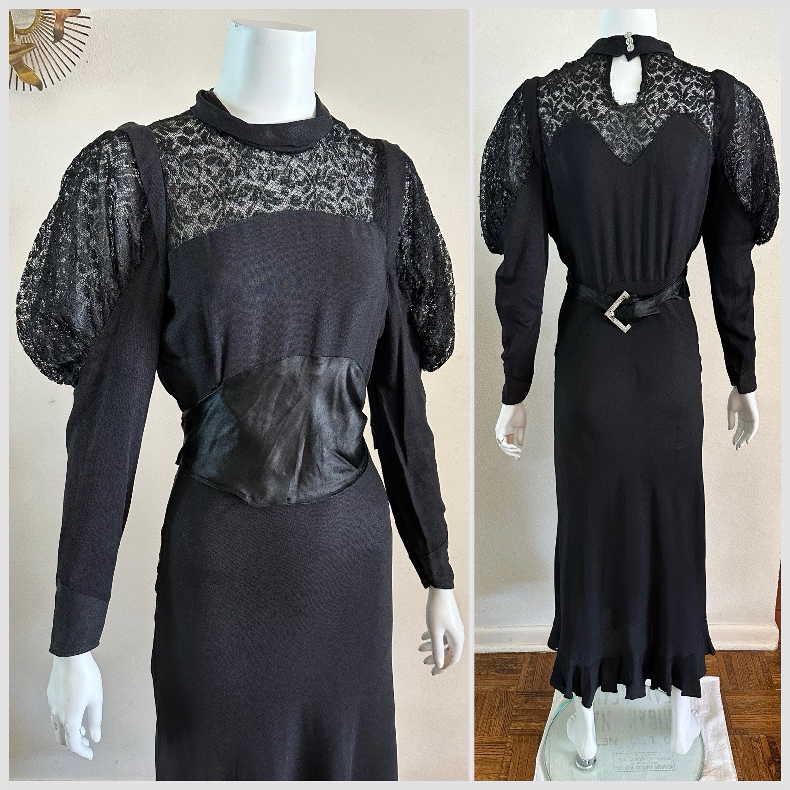 1930s 40s Black Crepe Lace Evening Gown Leg O Mutton Sleeve Rhinestone Belt VTG