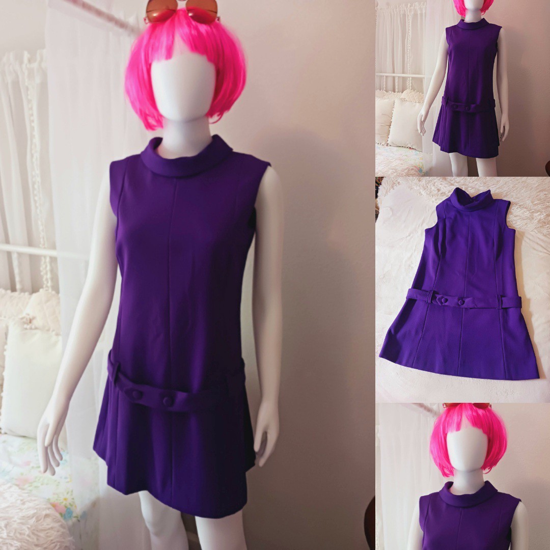Vtg 60s 70s high neck Mini Belted Dress Gogo Mod Purple groovy drop waist shift