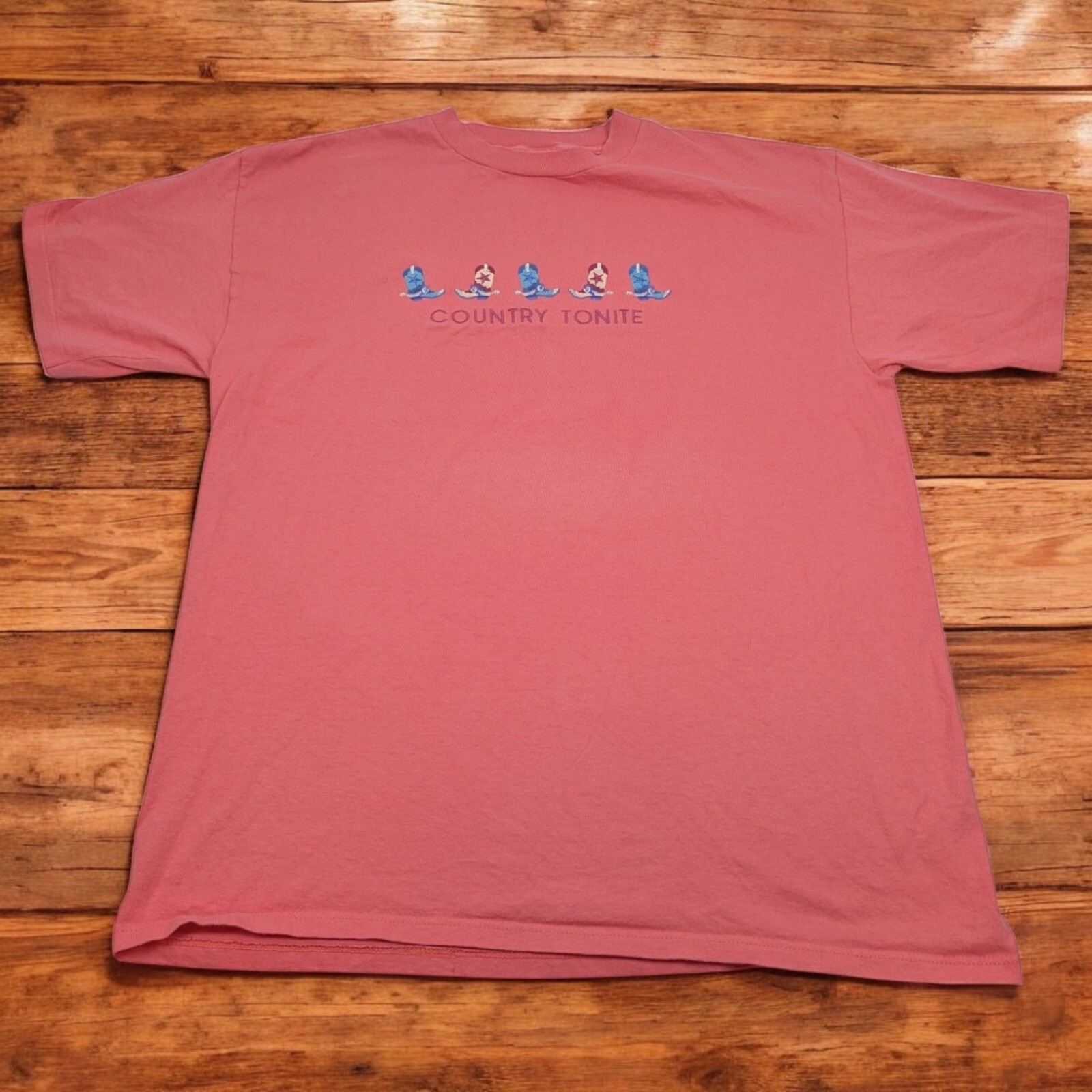 Country Tonite Shirt XL Pink Salmon Western Boots Embroidered USA Heat VTG