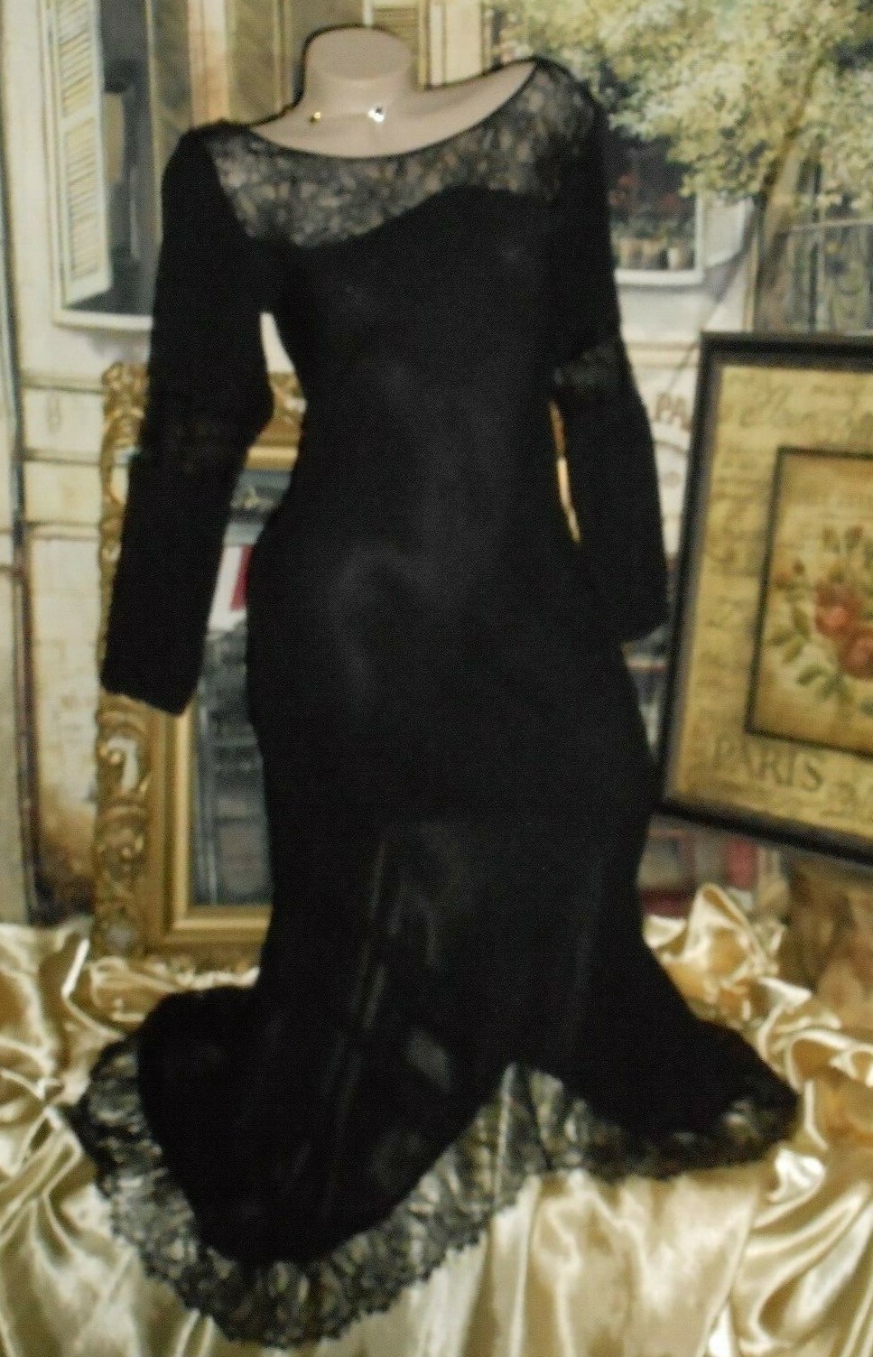 S P Victoria’s Secret Silk Gown Dress Long Black Chiffon Lace BackTrain 3/4 Slv