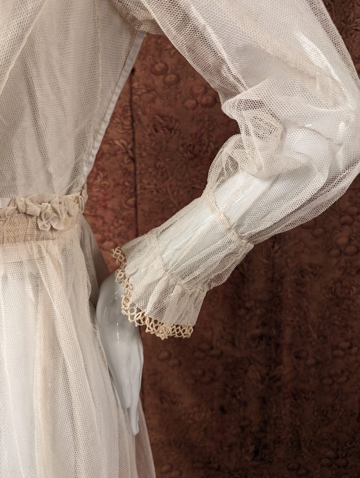 EDWARDIAN EMBROIDERED NET TEA DRESS W NET SLEEVES + RUCHED CUFFS