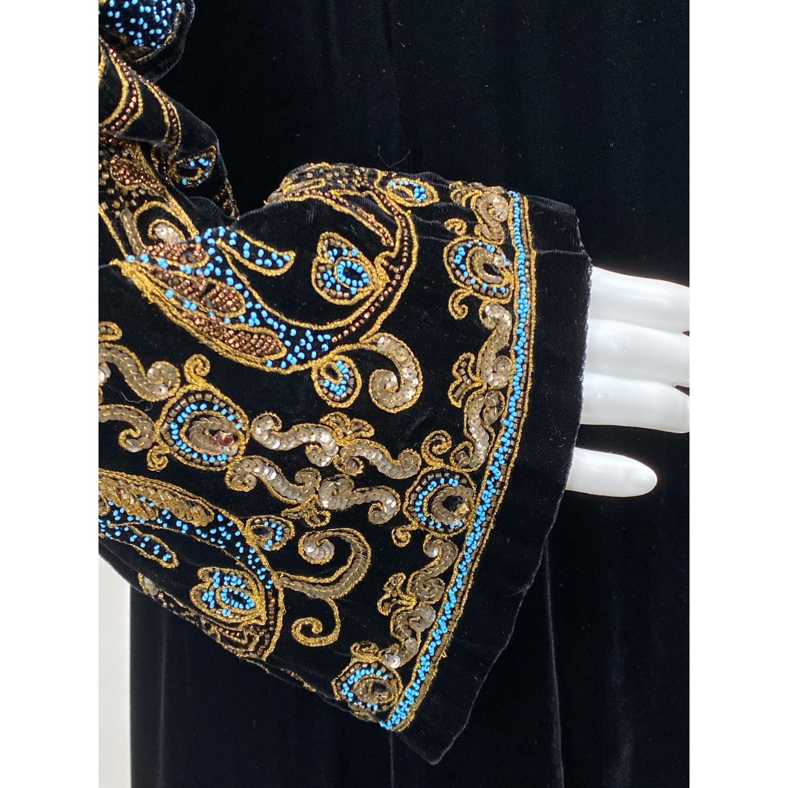 Vintage 1930s Black Silk Velvet Evening Opera Coat w gold and Turquoise Beading