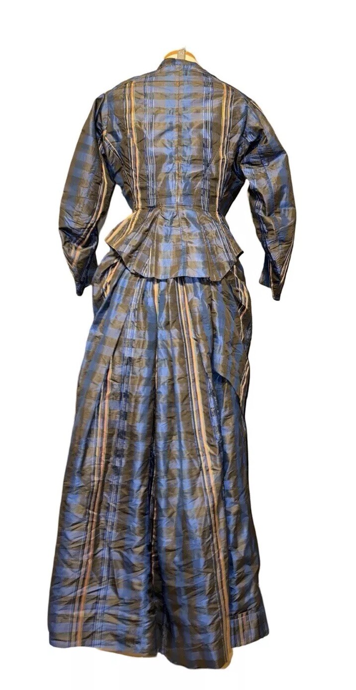 Victorian Late 1800s Blue Plaid Silk Top & Skirt Bustle Accordion Pleated Hem