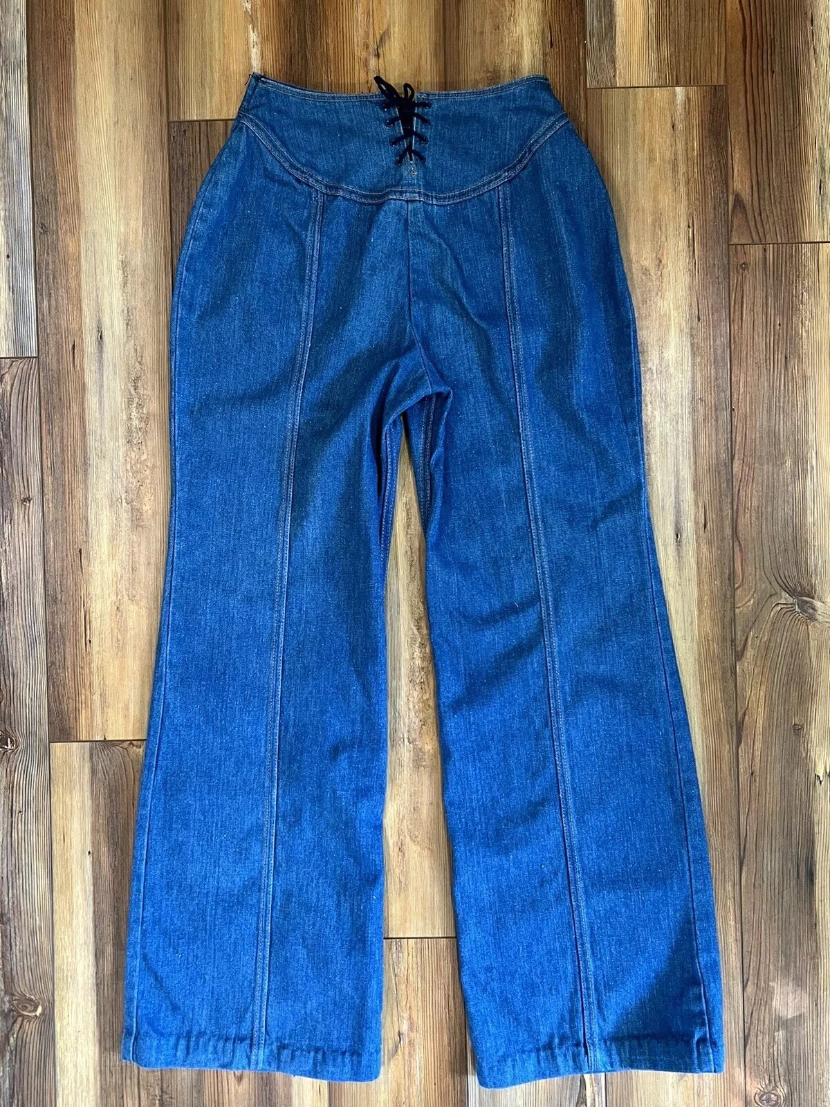 Vintage 1970s MAVERICK 26” Waist Lace Back Flare Denim Blue Jeans 30” On Inseam