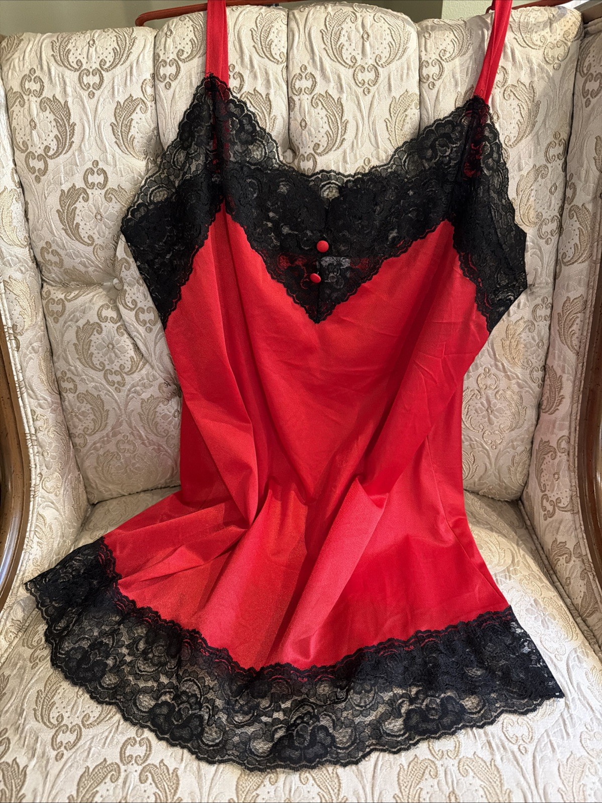 VTG Avon Night Gown Nightie Red Black Silky Lace Lingerie Sz L Valentines Day