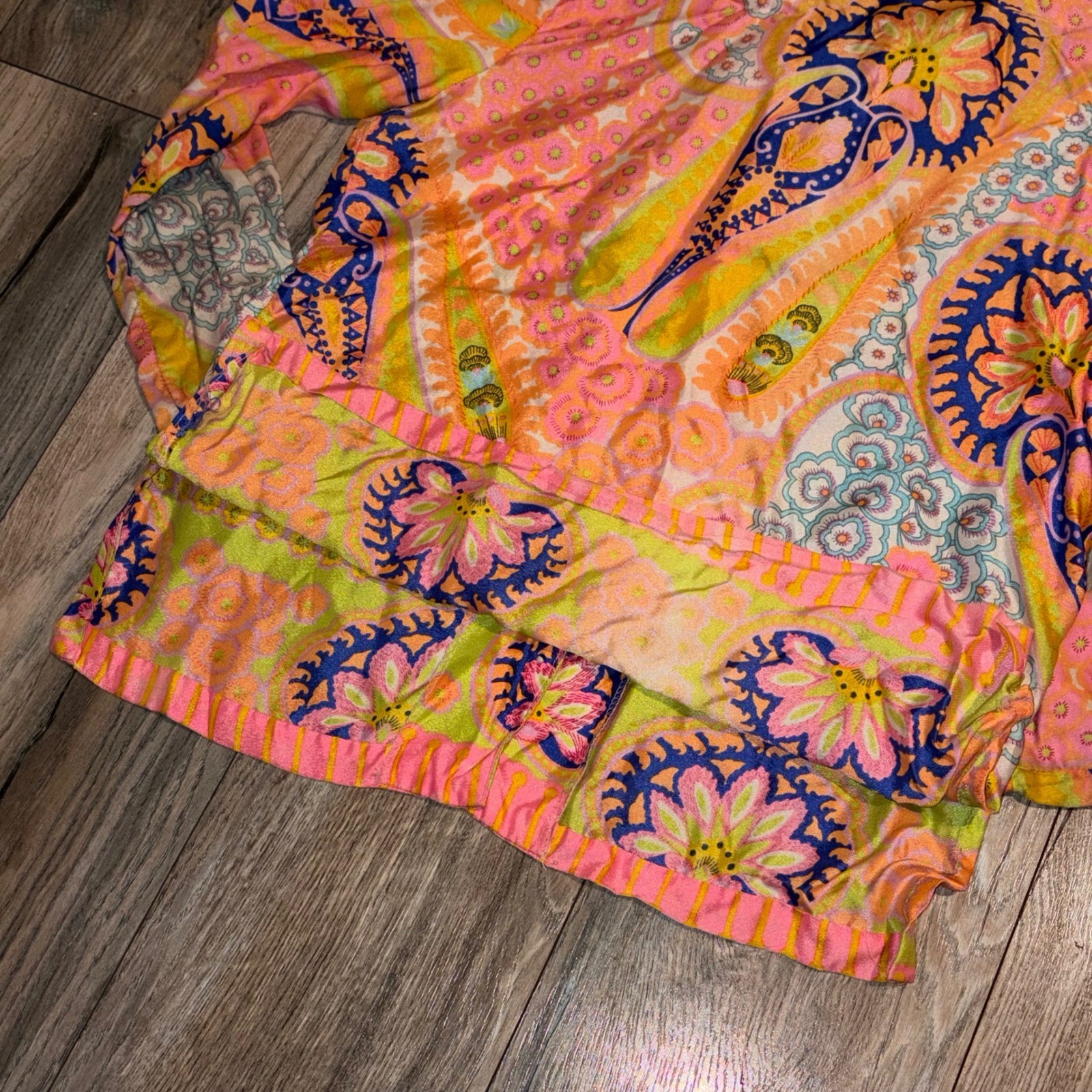 Vintage 70s Pykettes Womens Psychedelic Paisley Floral Button Down Blouse Pink