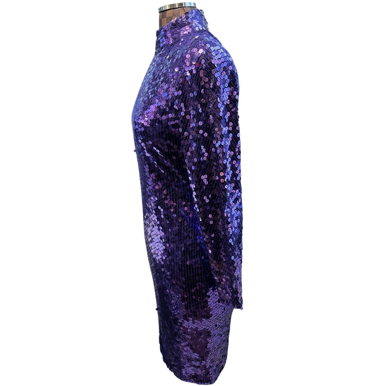 Vtg 90s Purple Sequin Open Back Mock Neck Cocktail Dress Size 10 Disco Glam Luxe