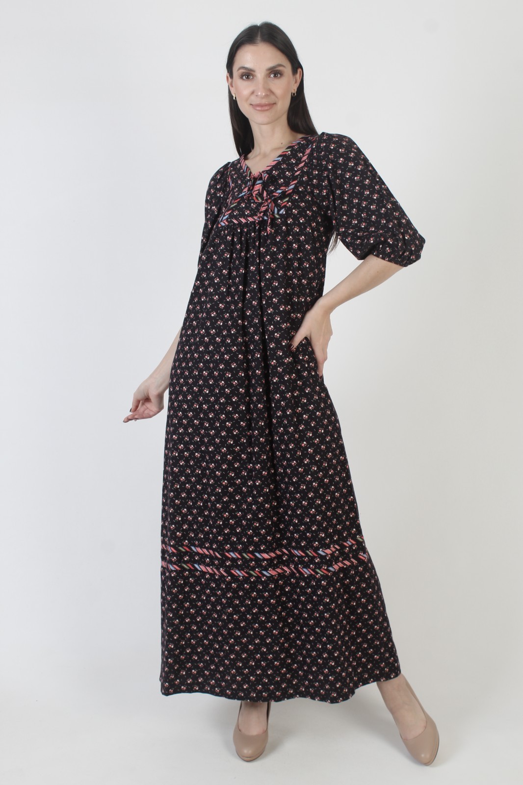 Vintage 70s Black Calico Dress Long Prairie Peasant Boho Wedding Pockets Kaftan