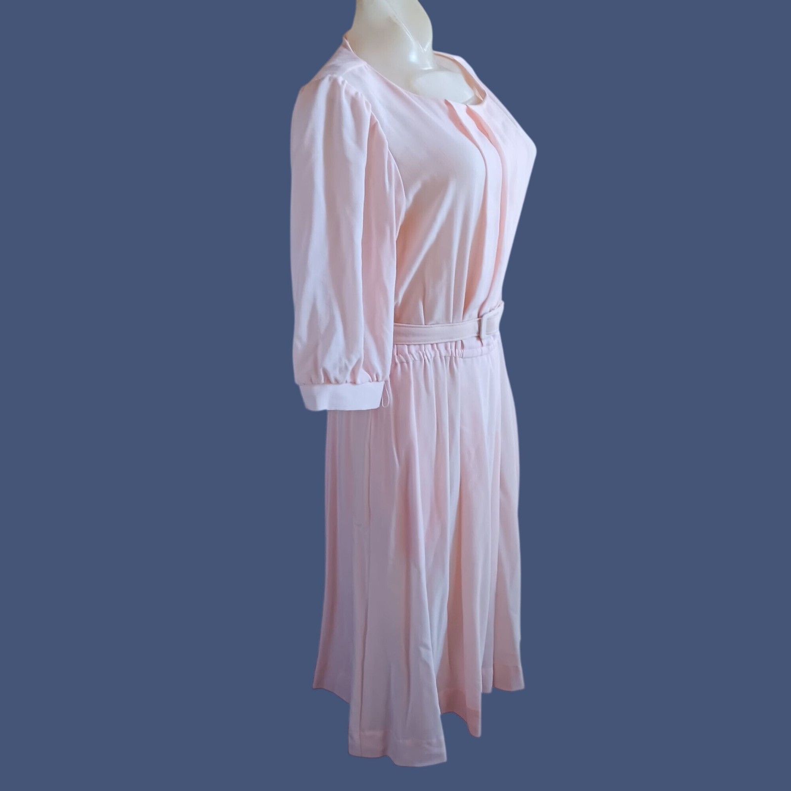 10-P Vintage Dress 1980’s EJM Petite Rose Pink Belted Secretary Made In Usa