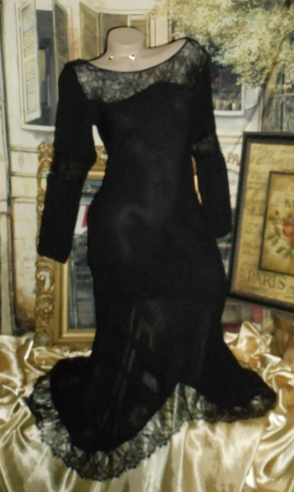 S P Victoria’s Secret Silk Gown Dress Long Black Chiffon Lace BackTrain 3/4 Slv