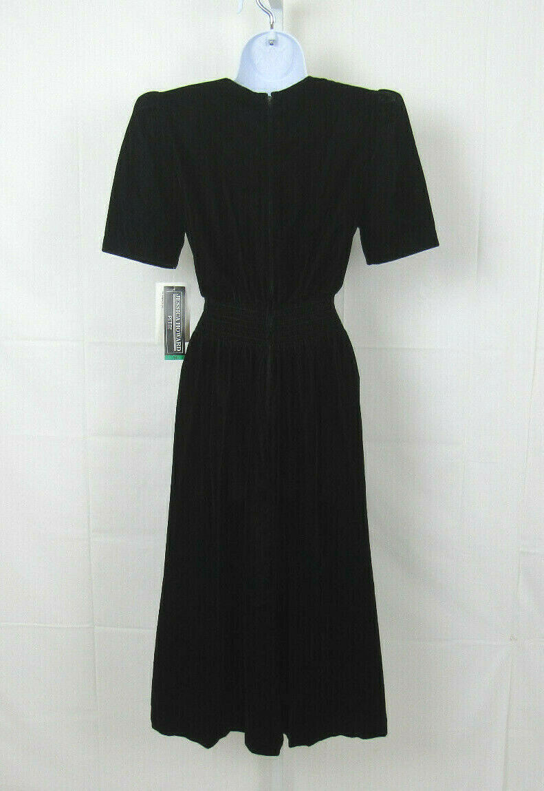 NWT VTG 1980s JESSICA HOWARD PETITE BLACK VELVET DRESS SIZE 10 EMBROIDERY TRIM