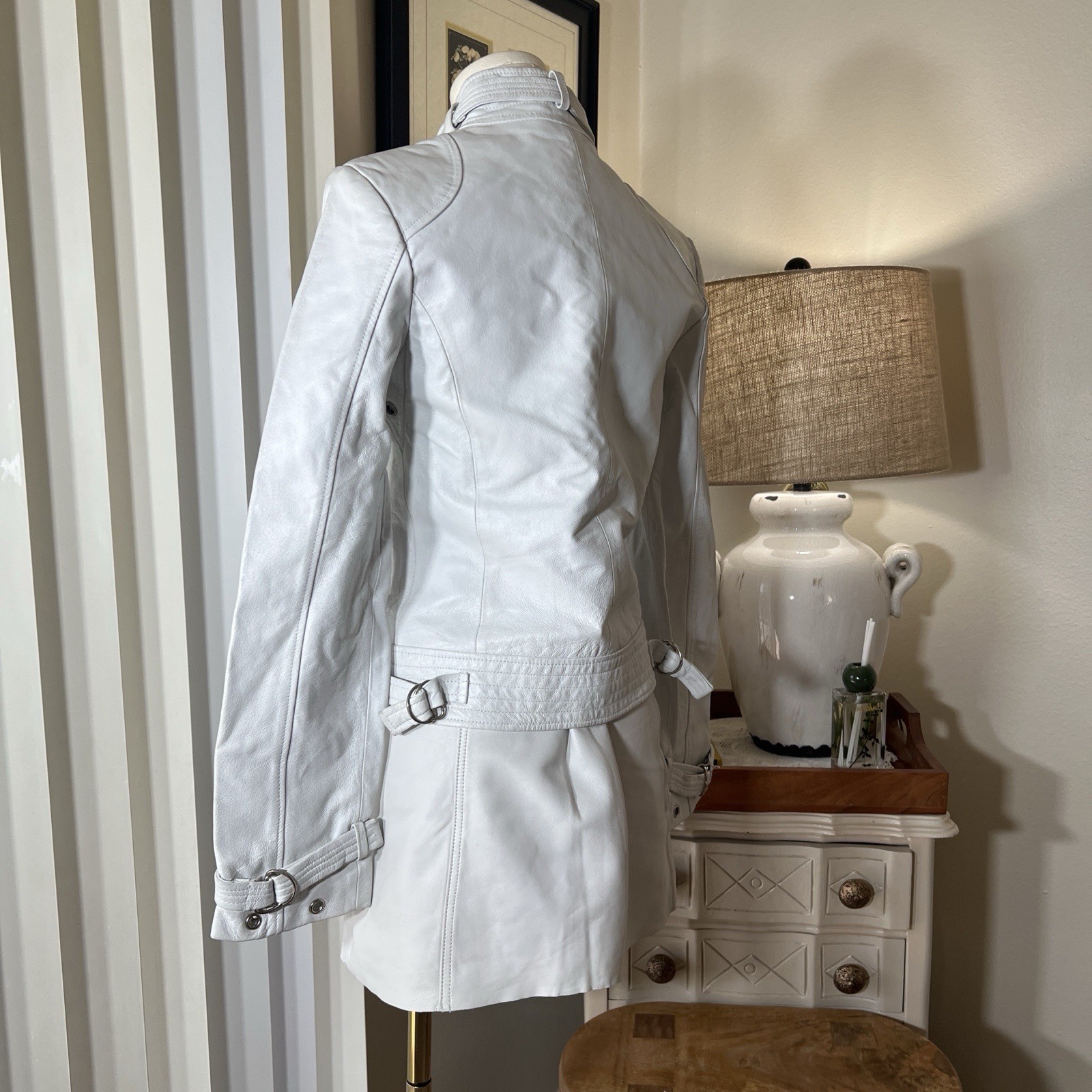 Vintage Bebe White Leather Jacket Biker Grunge Euro Rockstar White Skirt Set